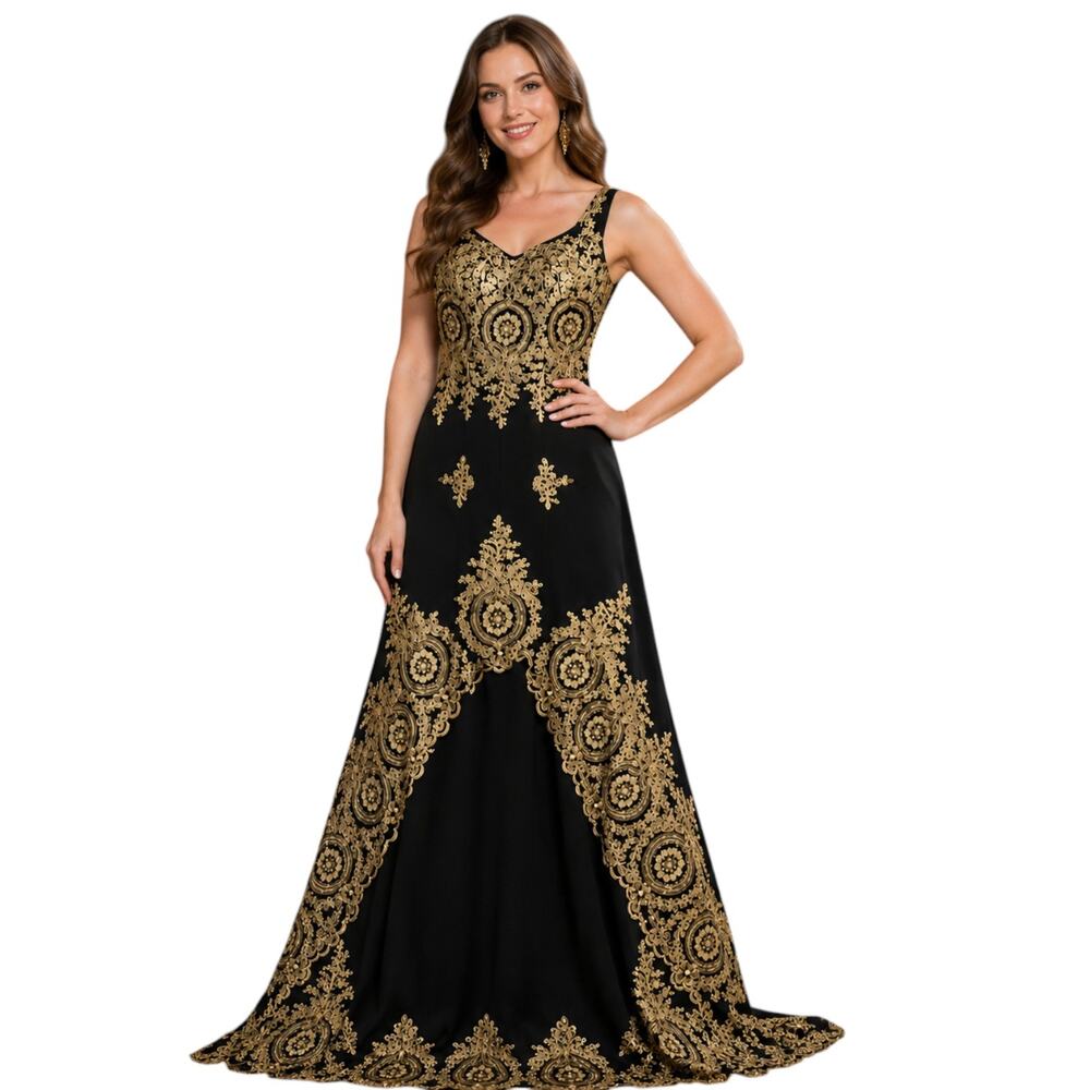 Royal Quueen Black & Gold Embellished Sleeveless V-Neck Gown, US8